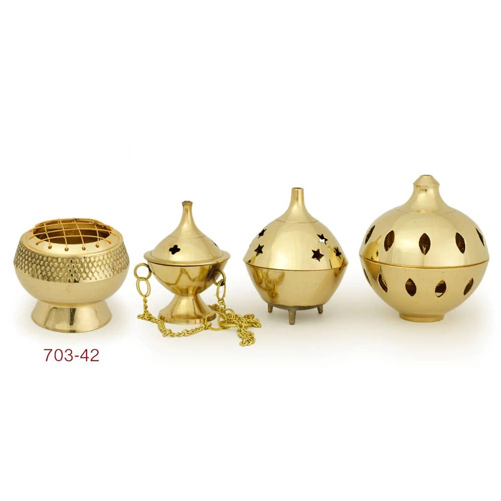 Prabhuji's Gifts - Wholesale Incense Holder - Burner - Embossed Brass Burner, Medium Base, Net Top 2.25"Hx2.5"D4