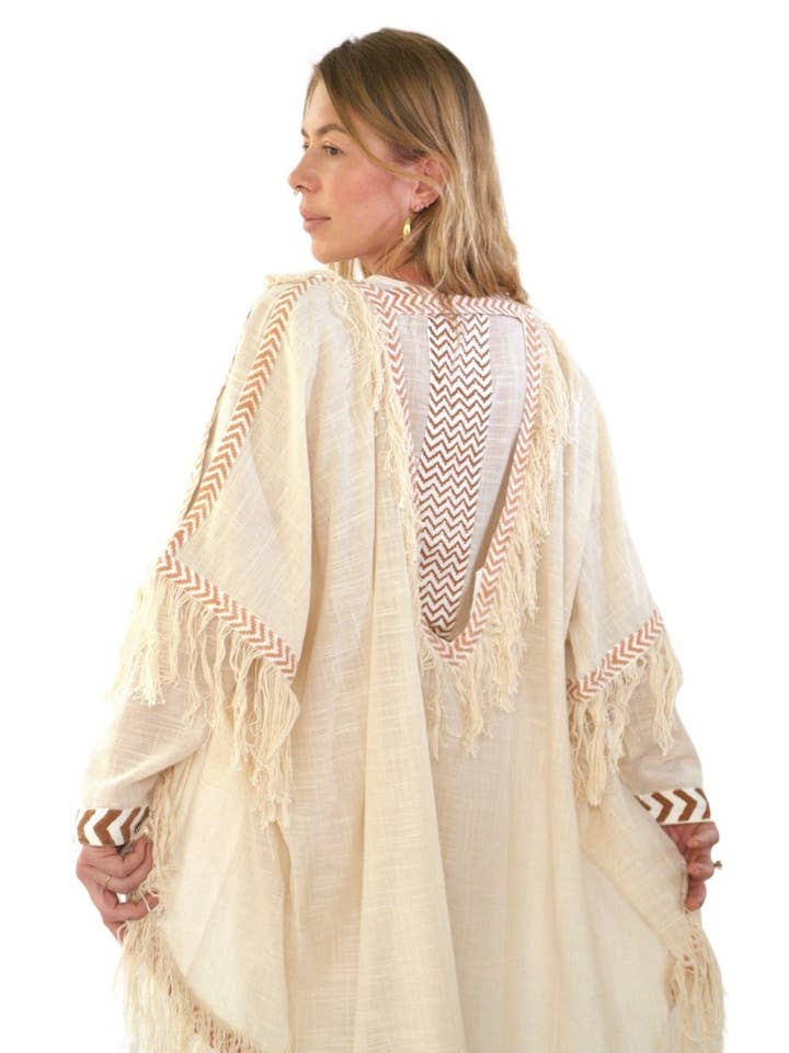 Cream Organic Cotton Shrug with Fringe for wholesale by Sacred Ceremony