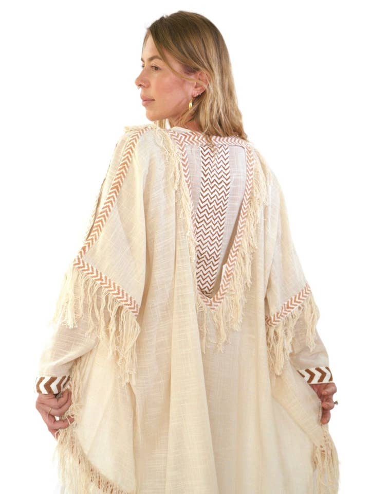 Sacred Ceremony - Wholesale Kimono - Women's - Cream Organic Cotton Shrug with Fringe