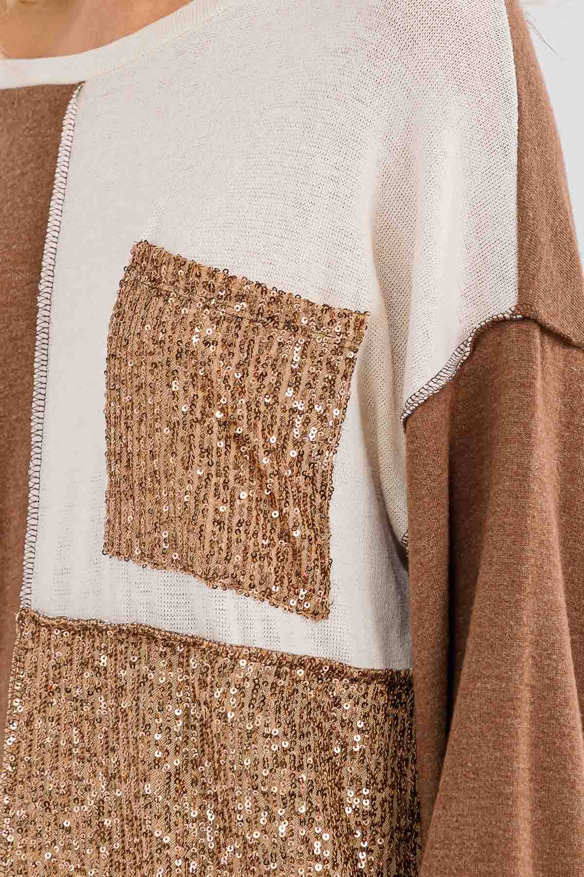 7th Ray – Sweatshirt - Mulher por atacado – Top de Manga Comprida com Bolso Patchwork de Lantejoulas T60603