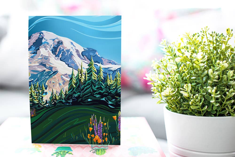 Linda Sholberg Art – Engroshandel Hverdagshilsen kort – Mount Rainier og Wildflowers lykønskningskort (5x7/A7)1