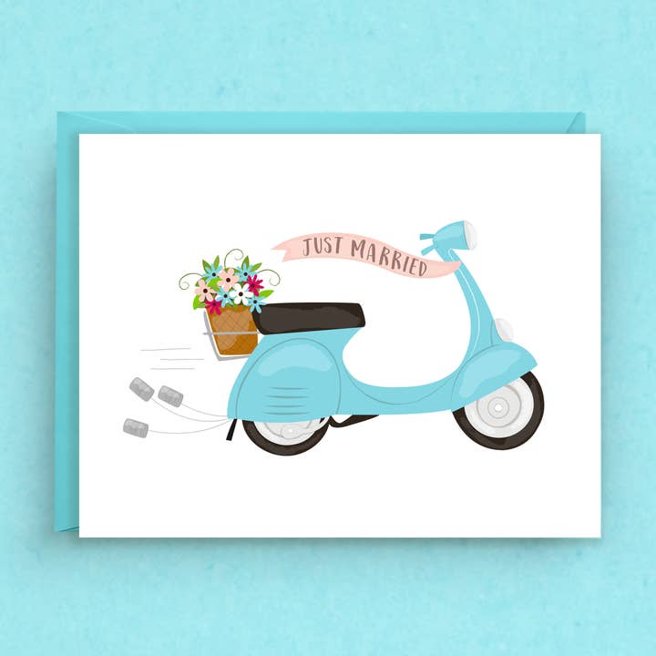 Just Married Blue Vespa Wedding Card for wholesale by Nicole Marie Paperie