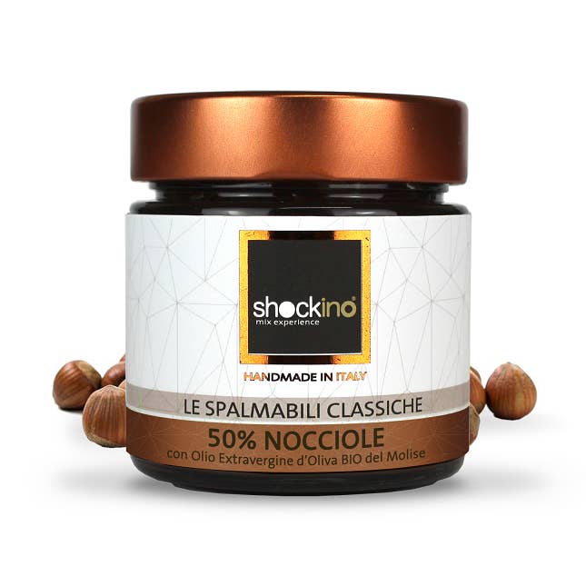Crema Spalmabile al 50% Nocciole & Cacao  200g Made in Italy per la vendita all'ingrosso da parte di Shockino Mix Experience