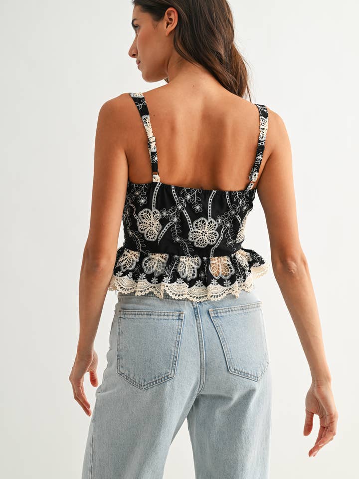 BLACK IVORY CET26657 Floral Lace Embroidered Peplum Top for wholesale on Faire4