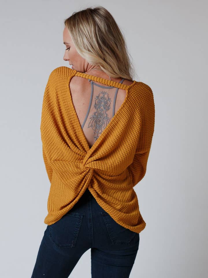 Three Bird Nest - Wholesale Knit Top - Women's - Flattering Open Back Thermal Knit Top - Mustard