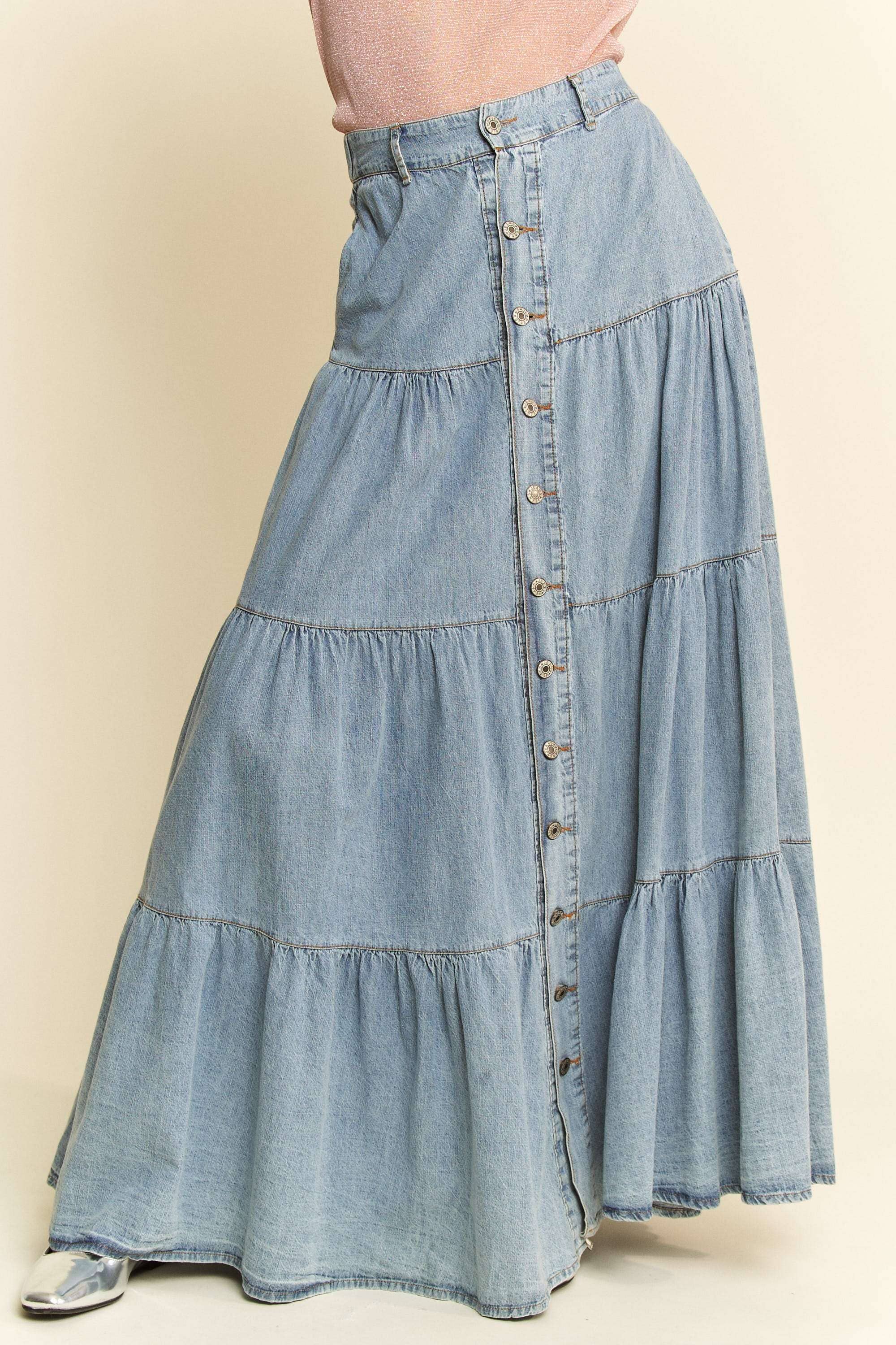 DENIM BUTTON FRONT RUFFLE HEM DENIM MAXI SKIRT for wholesale on Faire1