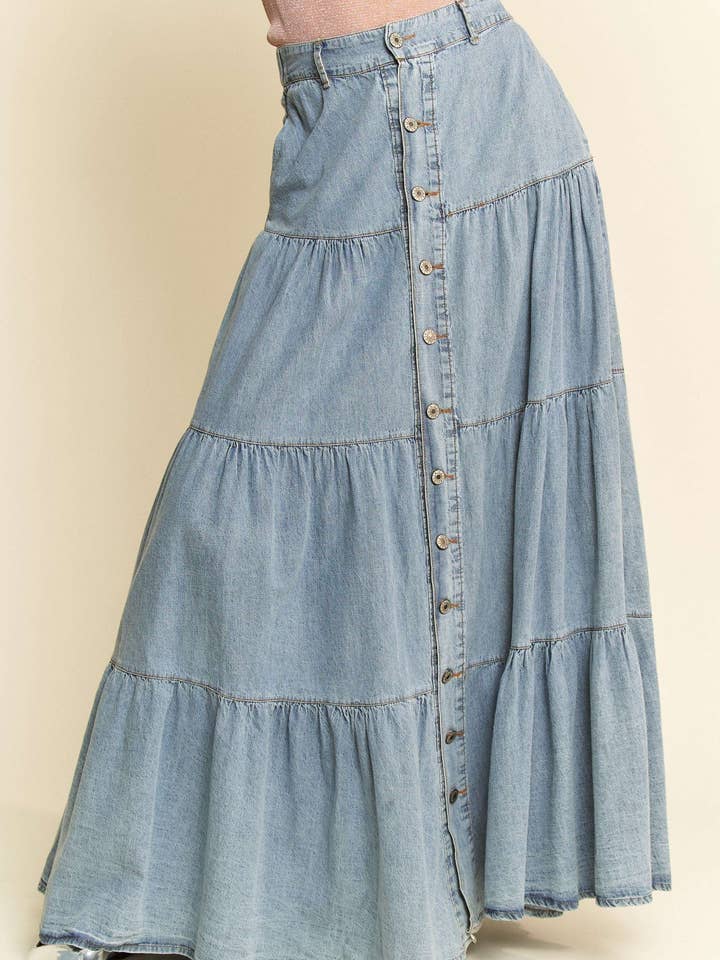 DENIM BUTTON FRONT RUFFLE HEM DENIM MAXI SKIRT for wholesale on Faire1