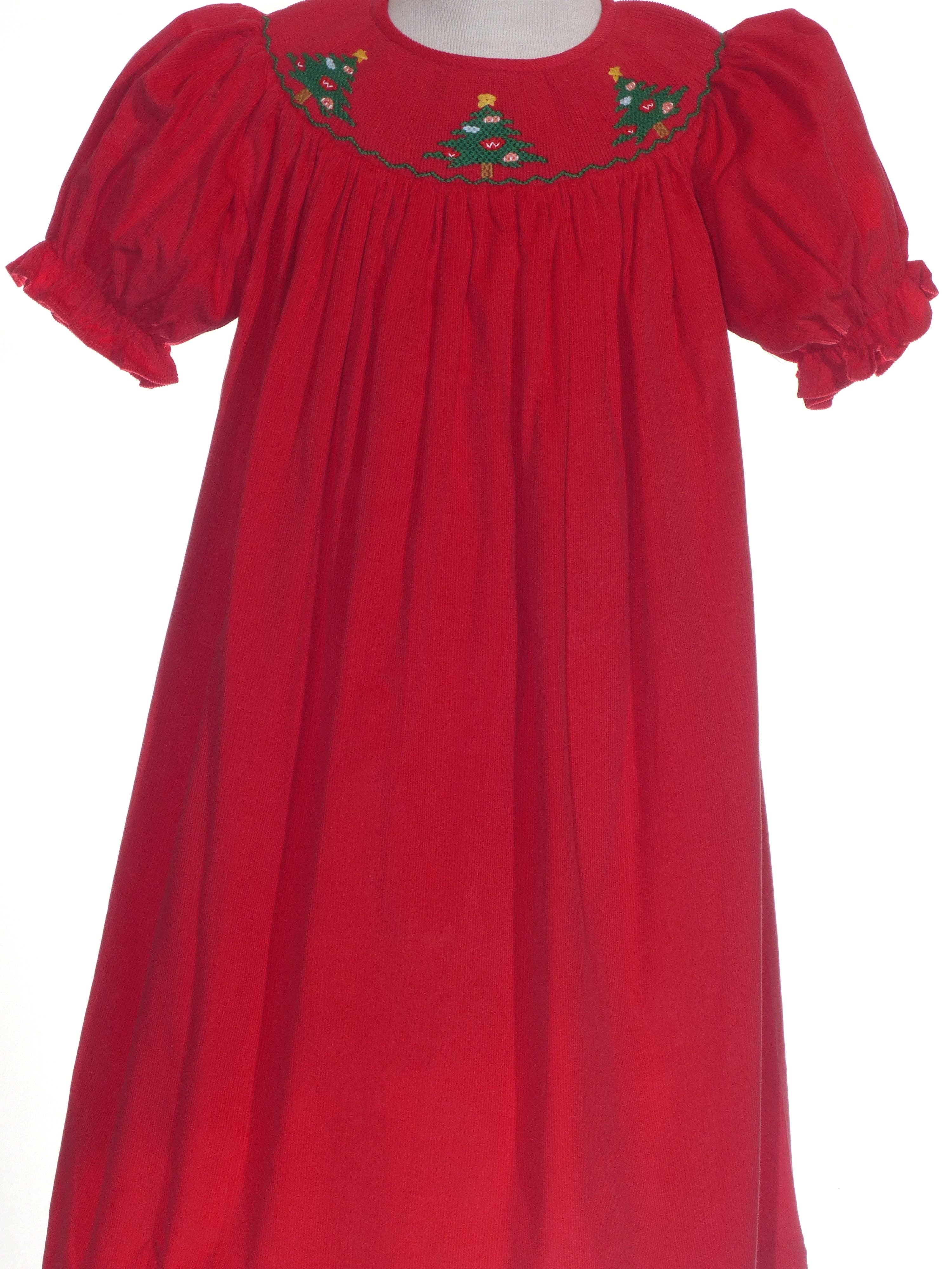 Hello Bebes! - Vente Robe – enfant - Robe évêque à manches courtes en velours côtelé rouge avec smocks et motif de sapin de Noël1
