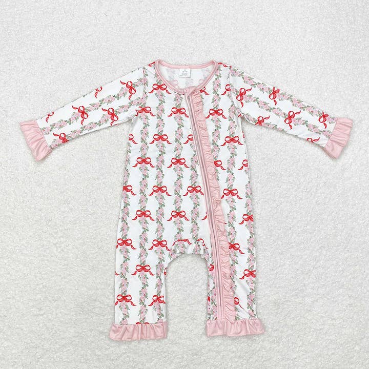 Aier Wholesale - Vente Barboteuse – bébé - Barboteuse de Noël en bambou à nœuds rouges pour bébés et filles