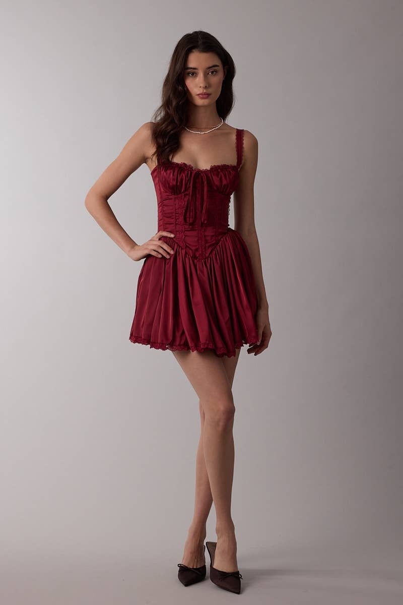 Sky to Moon - Wholesale Dress - Women's - SATIN CORSET SHAPE LACE TRIM FLARE MINI DRESS7