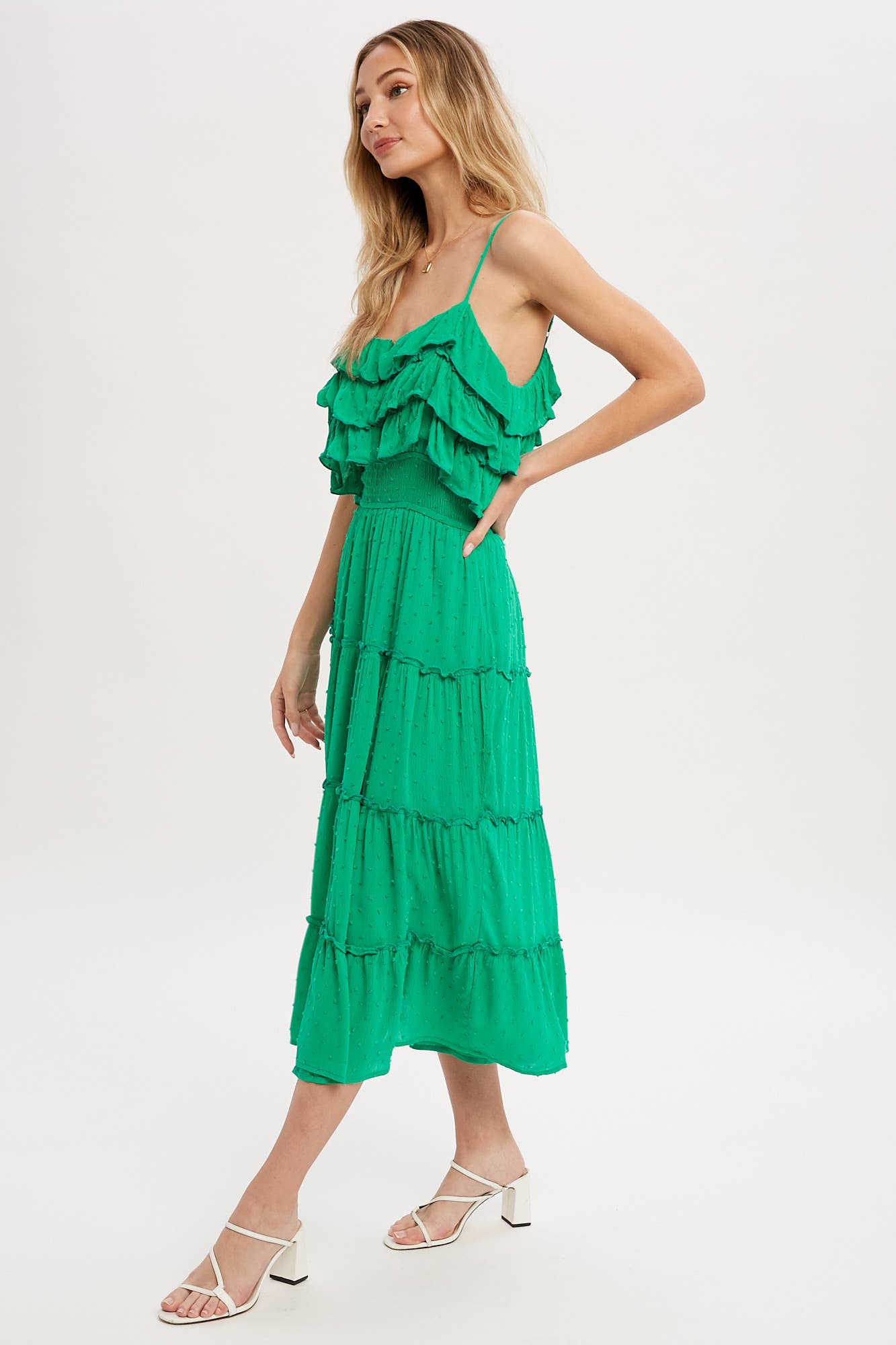 Bluivy – Großhandel Kleid – Damen – GESTUFTES MIDIKLEID MIT SCHWEIZER PUNKTEN UND RÜSCHEN24