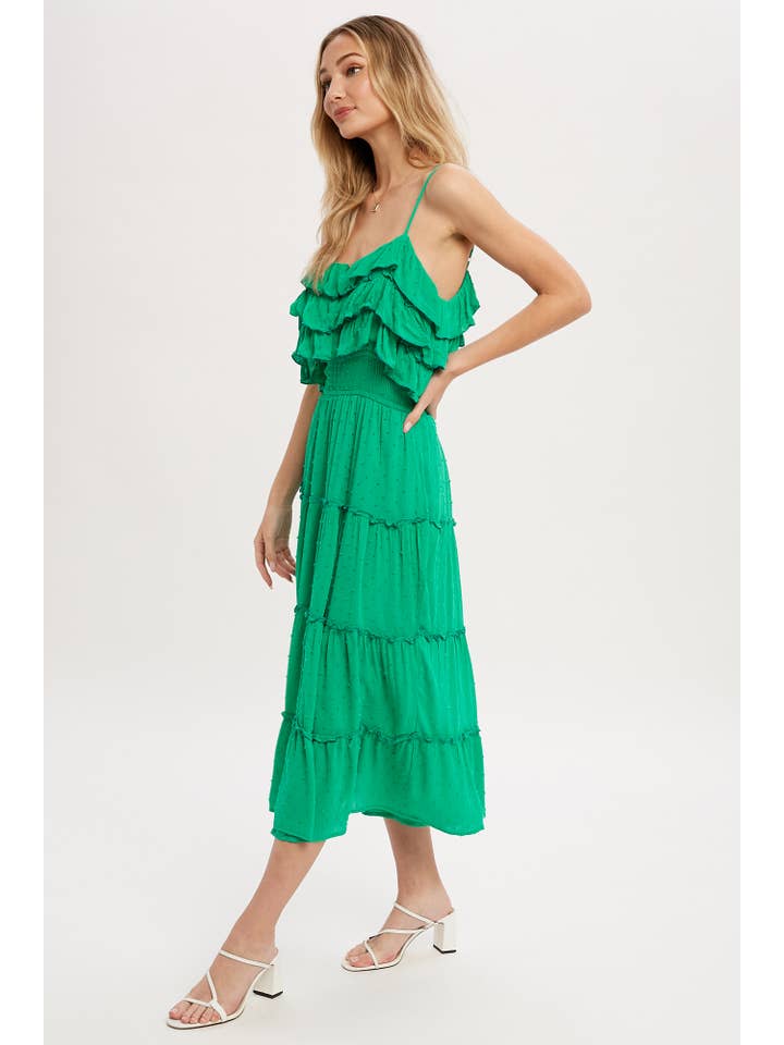 Bluivy – Großhandel Kleid – Damen – GESTUFTES MIDIKLEID MIT SCHWEIZER PUNKTEN UND RÜSCHEN24