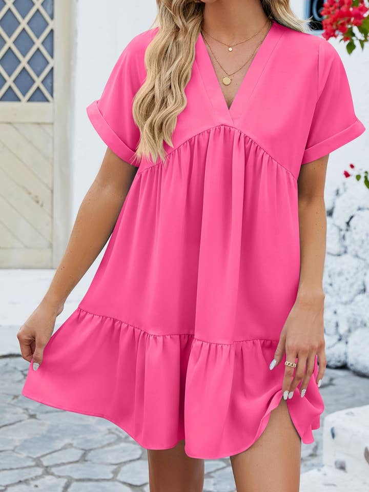 HIDDENBRAND - Wholesale Dress - Women's - v neck short sleeve ruffle babydoll dress