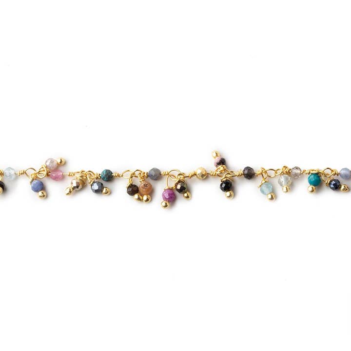 Beads of Cambay - Wholesale Beads - 2mm MultiColor Gemstone micro faceted round Gold Dangling Chain by the foot