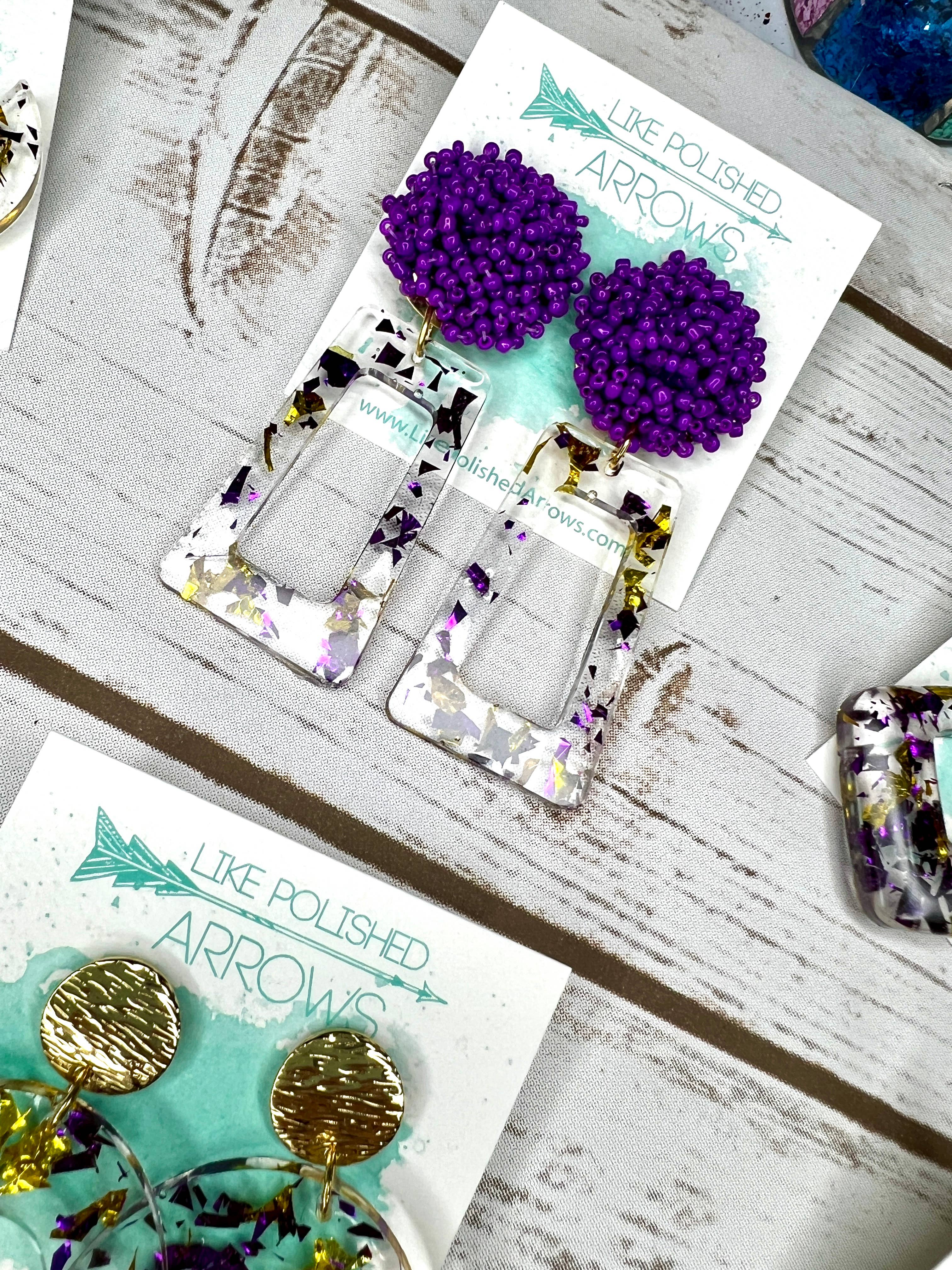 Like Polished Arrows, LLC - Wholesale Jewelry Set - Gameday Purple and Gold School Colors Resin Foil Earrings3
