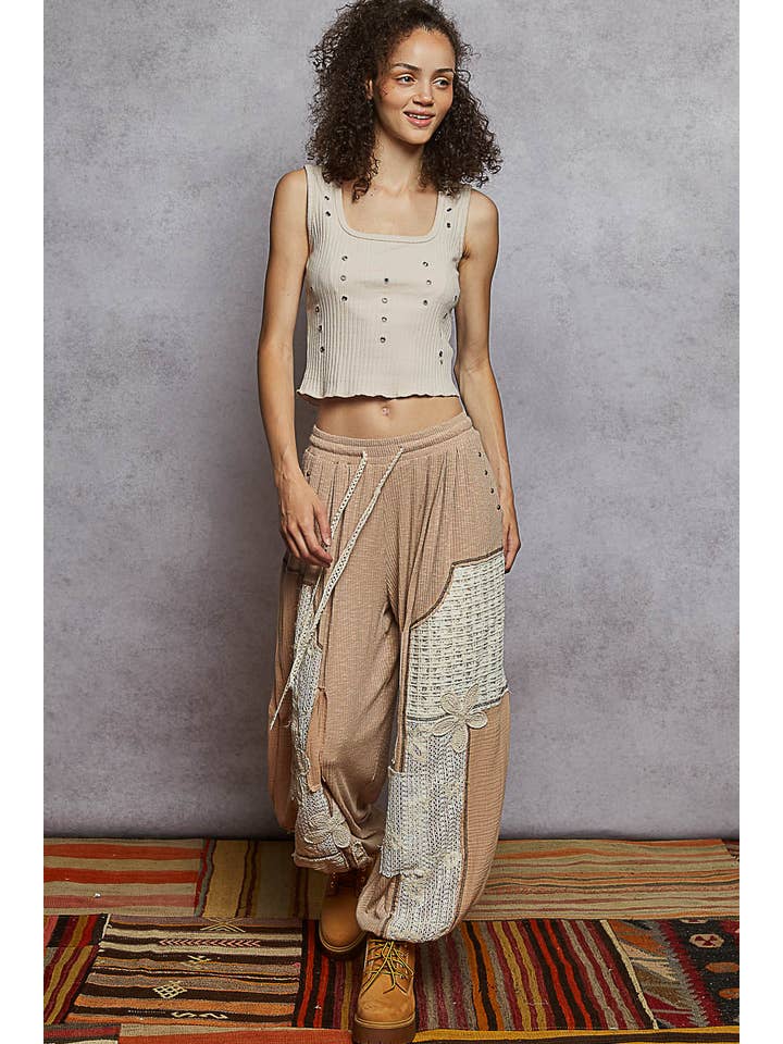 Pol Clothing - Wholesale Pants - Women's - Solid pattern patch detail rib knit jogger pants1