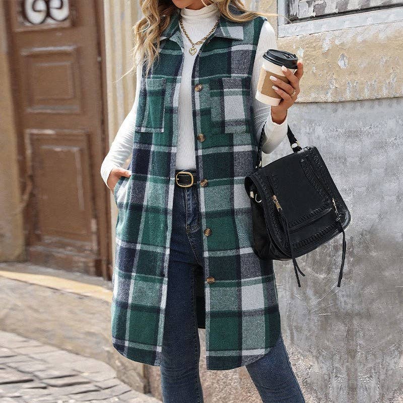 Sheer Trend - Wholesale Outerwear Vest - Women's - Sleeveless Plaid Vest With Lapel1