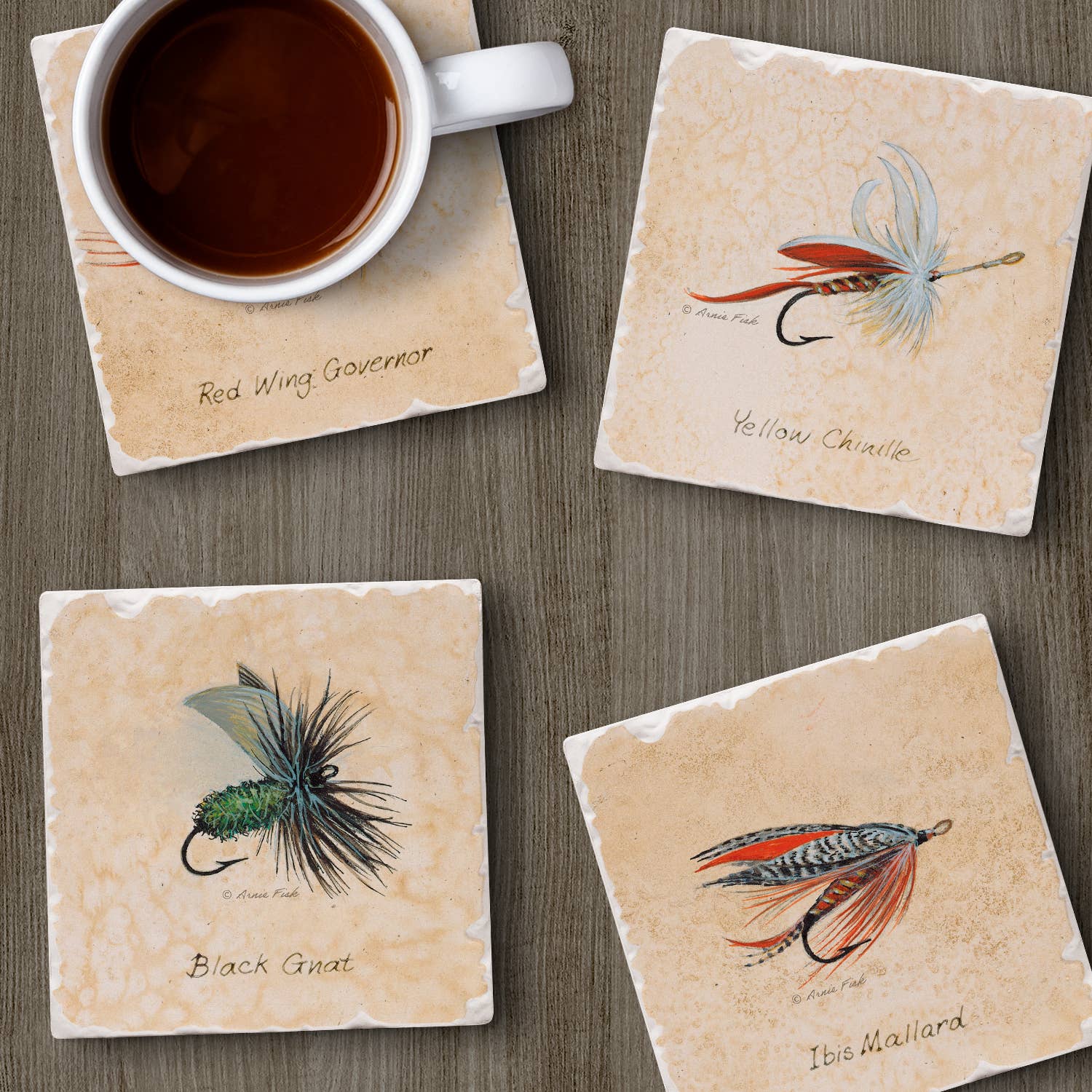 CounterArt/Highland Home/Thirstystone - Wholesale Coasters - "Fly Fishing Lures" 4 Pack Assorted Image Coaster Set1