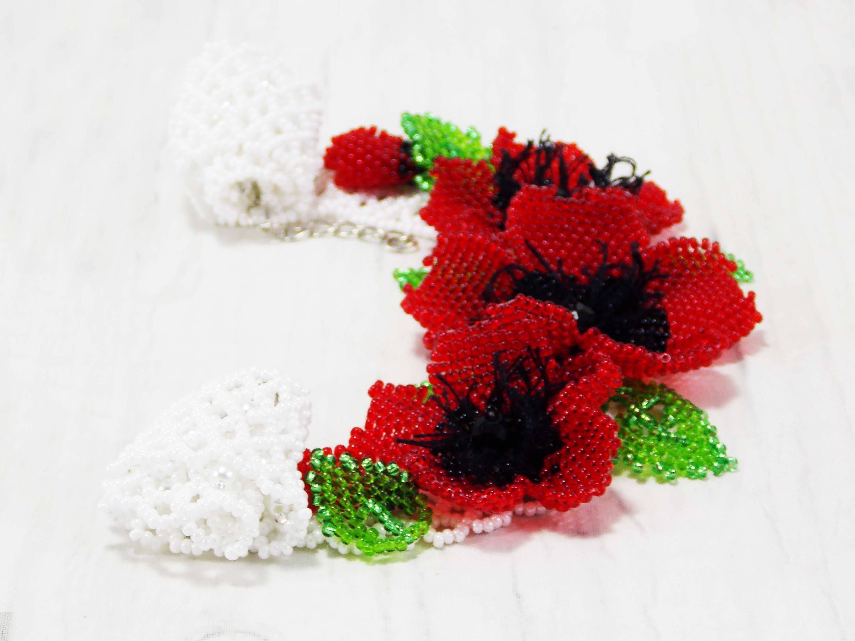 Ninolia - Vente Collier de perles - Collier de fleurs de coquelicot rouge 3 pièces déclaration collier de fleurs rouges grand bijoux nature feuille9