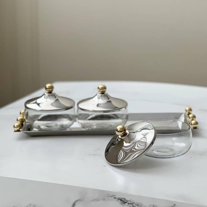 Boker-Tov Shalom - Wholesale Serving Tray - Stainless Steel Dip Tray & Bowls with Gold Balls1