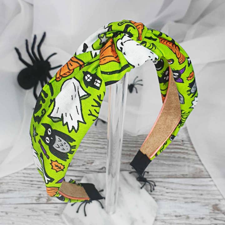 Cerchietto con nodo di Halloween verde lime Spooky Ghosts & Cats per la vendita all'ingrosso da parte di My Luxe Occasion
