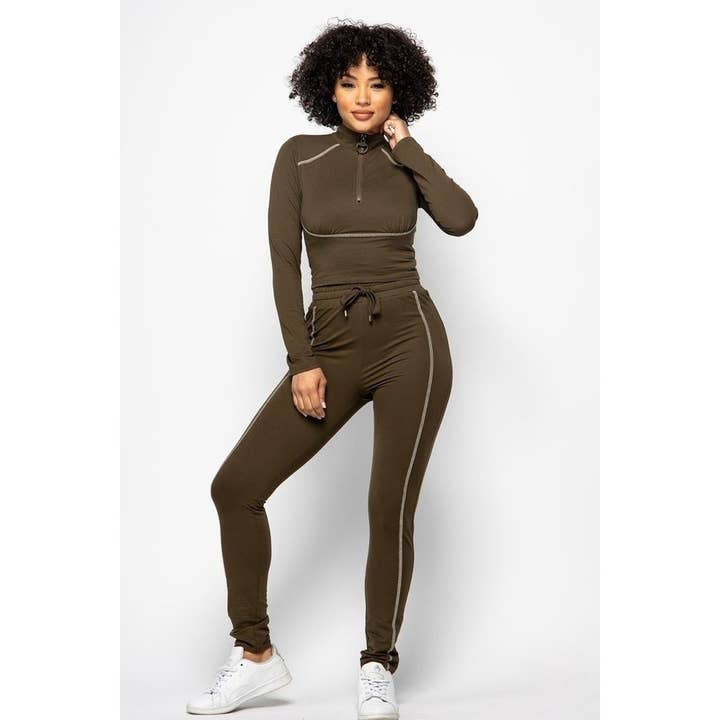 OLIVE STITCHING DETAIL TOP AND PANT SET for wholesale on Faire