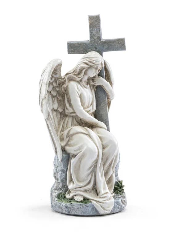 Sitting Memorial Angel with Cross Sympathy Decor Item #17424 for wholesale by Napco