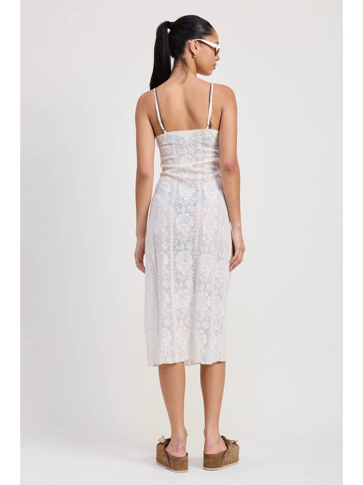 OFF WHITE SPAGHETTI STRAP LACE MIDI DRESS for wholesale on Faire