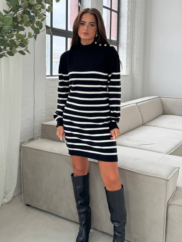 Fallon Black with Cream Stripe Knit Jumper Dress for wholesale by Girl In Mind