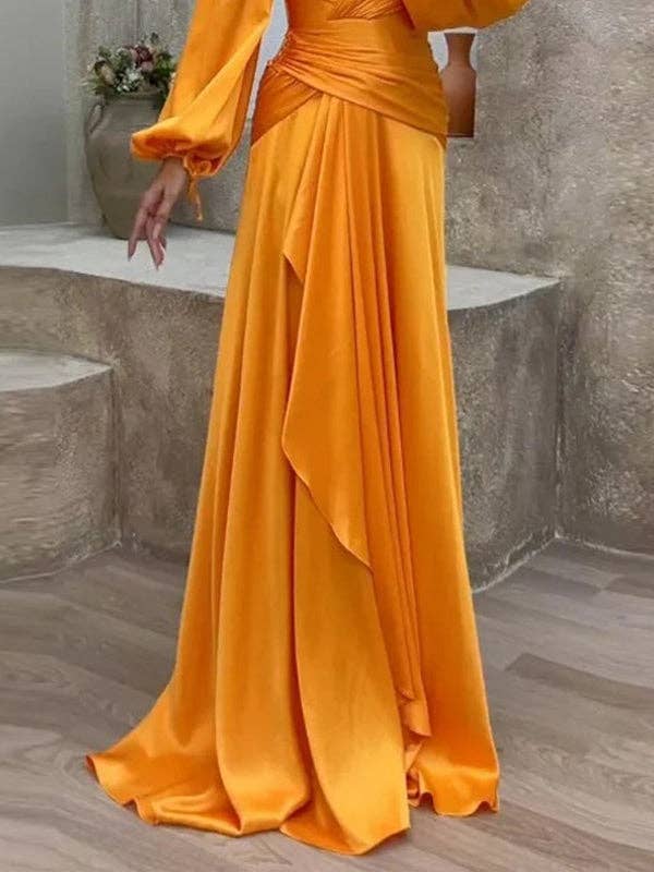 FurDecoration - Wholesale Gown - Women's - Look-Thin Pleated Solid Color V-Cut Long Sleeves Maxi Dresses3