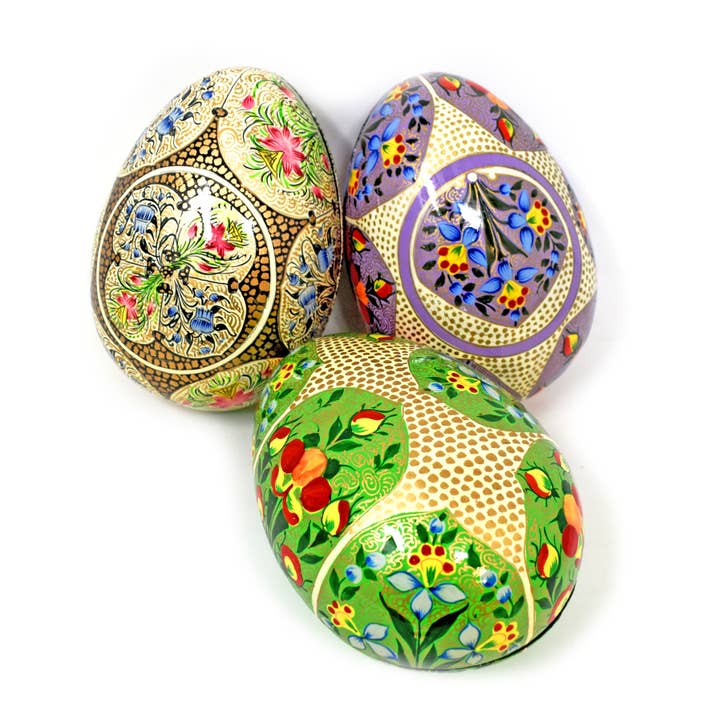 Scatola a forma di uovo in cartapesta kashmiri di medie dimensioni - Design tradizionali per la vendita all'ingrosso da parte di Fair to Trade Ltd