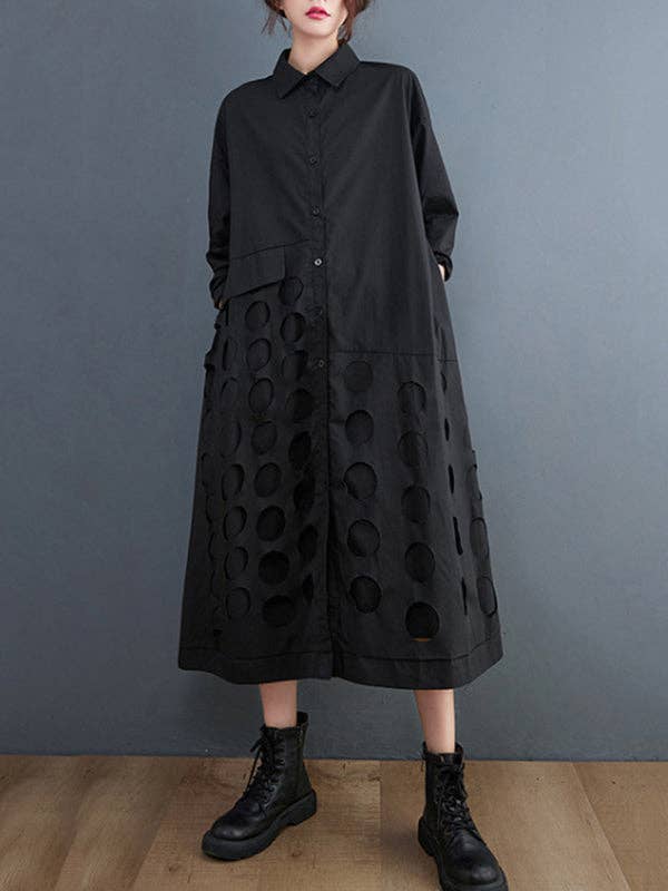 StyleGalX - Vente Robe – femme - Robe midi à manches longues, coupe évasée, col à revers, asymétrique avec pois ajourés unis11