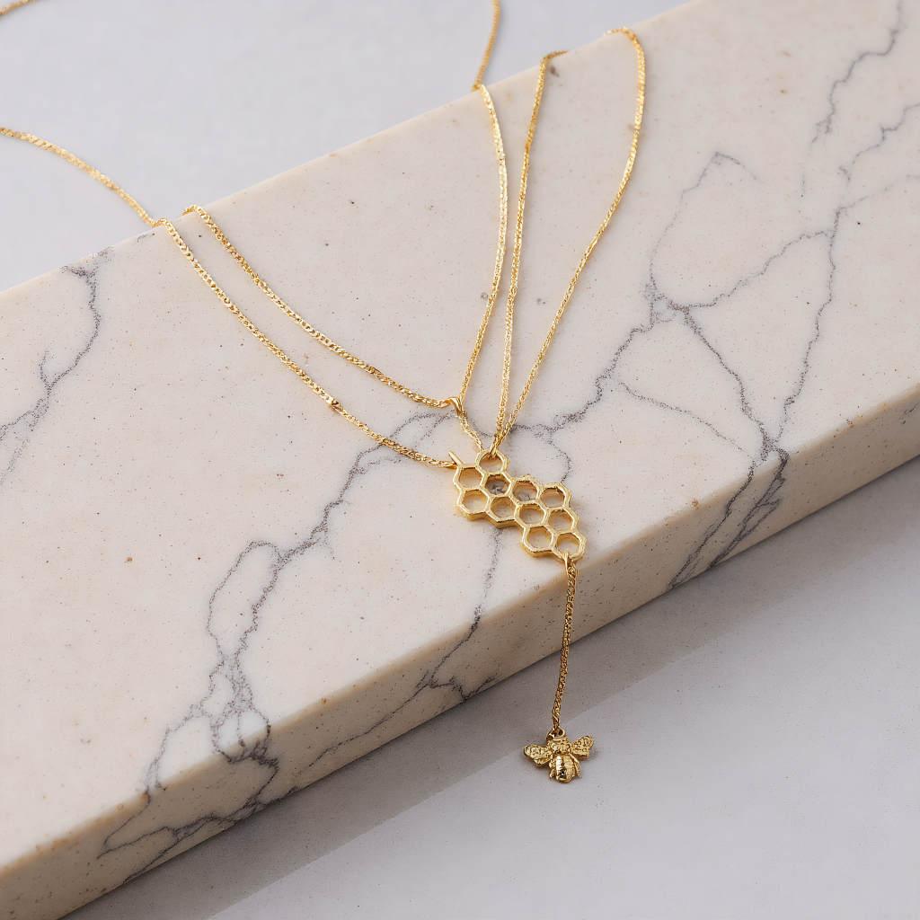Katinki - Wholesale Y-Neck/Lariat Necklace - Gold Honeycomb & Bee Lariat Necklace1