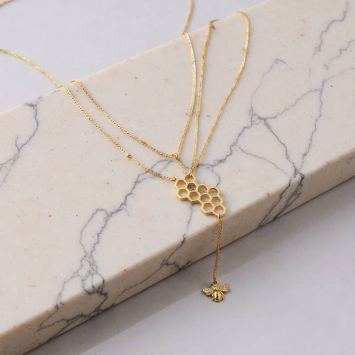 Katinki - Wholesale Y-Neck/Lariat Necklace - Gold Honeycomb & Bee Lariat Necklace1