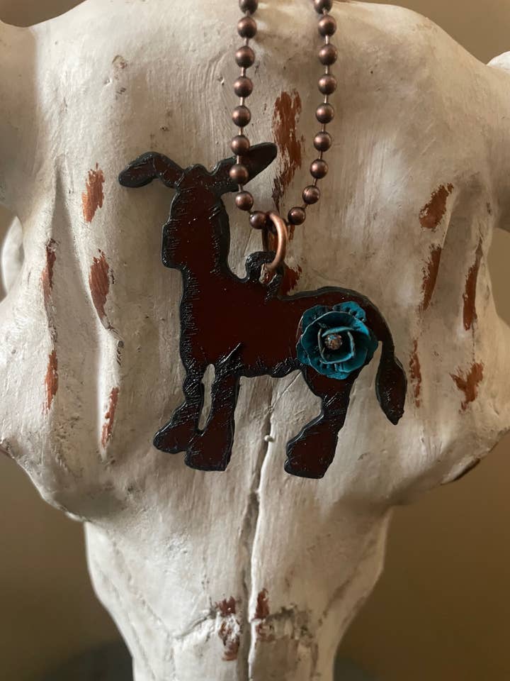 Rustic DONKEY necklace with painted turquoise flower for wholesale by The Rustic Barn