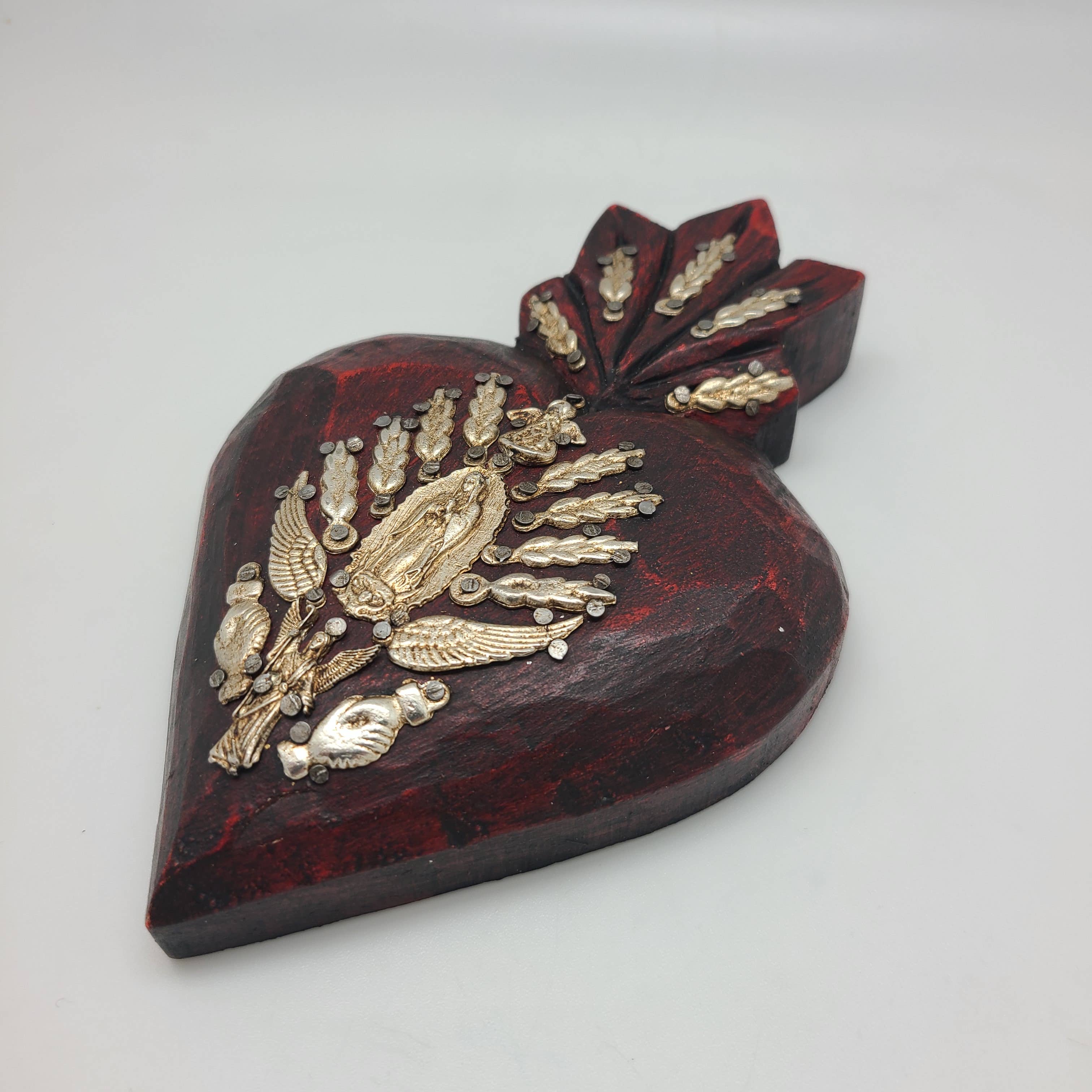 Contreras Designs - Wholesale Sculpture - MXTC-H3GD- Hand Painted Wood Heart with Milagros1