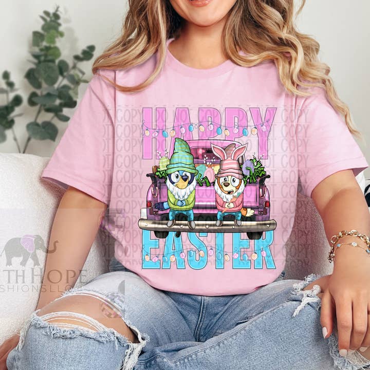 FaithHopeFashionsLLC - Wholesale Screen Printed T-Shirt - Women's - Happy Easter Bluey Shirt