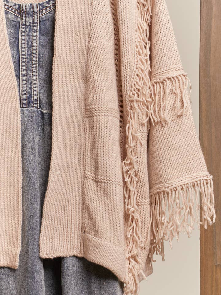 Tan Open Front Knit Cardigan with Fringes for wholesale on Faire