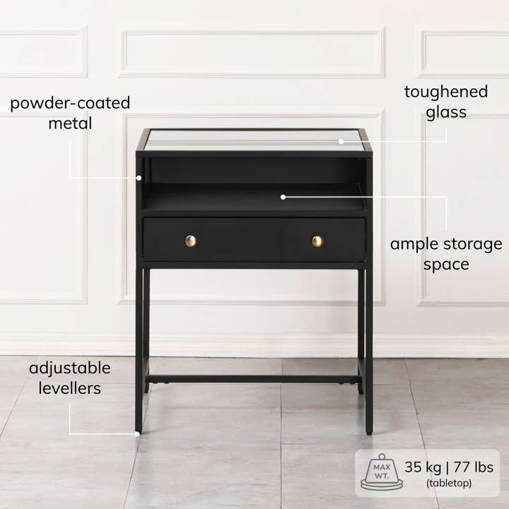 MH London - Wholesale Side Table - Hale Metal Industrial Nightstand with Glass Shadow Box Top3