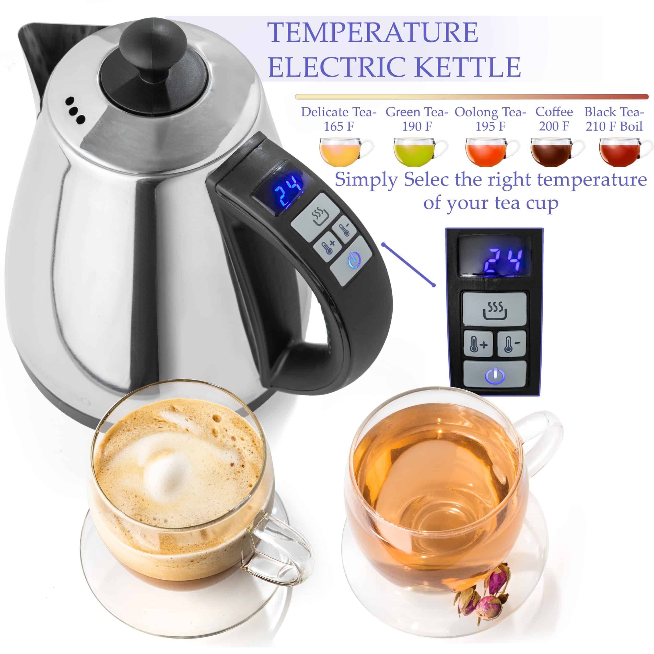 Mixpresso - Vente Bouilloires électriques - Bouilloire Électrique Mixpresso avec Contrôle de Température, Bouilloire Électrique pour Eau Chaude, Sans Fil, Capacité de 1 Litre, Maintien au Chaud & Indicateur LED, Arrêt Automatique, Protection Contre l'Ébullition à Sec, Bouilloire Électrique en Acier Inoxydable5