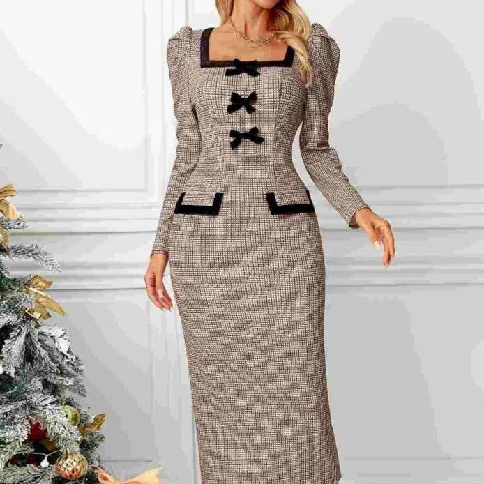 Robe moulante en tricot ceinturée à carreaux pour femme N5A081 pour la vente par alberalkirk