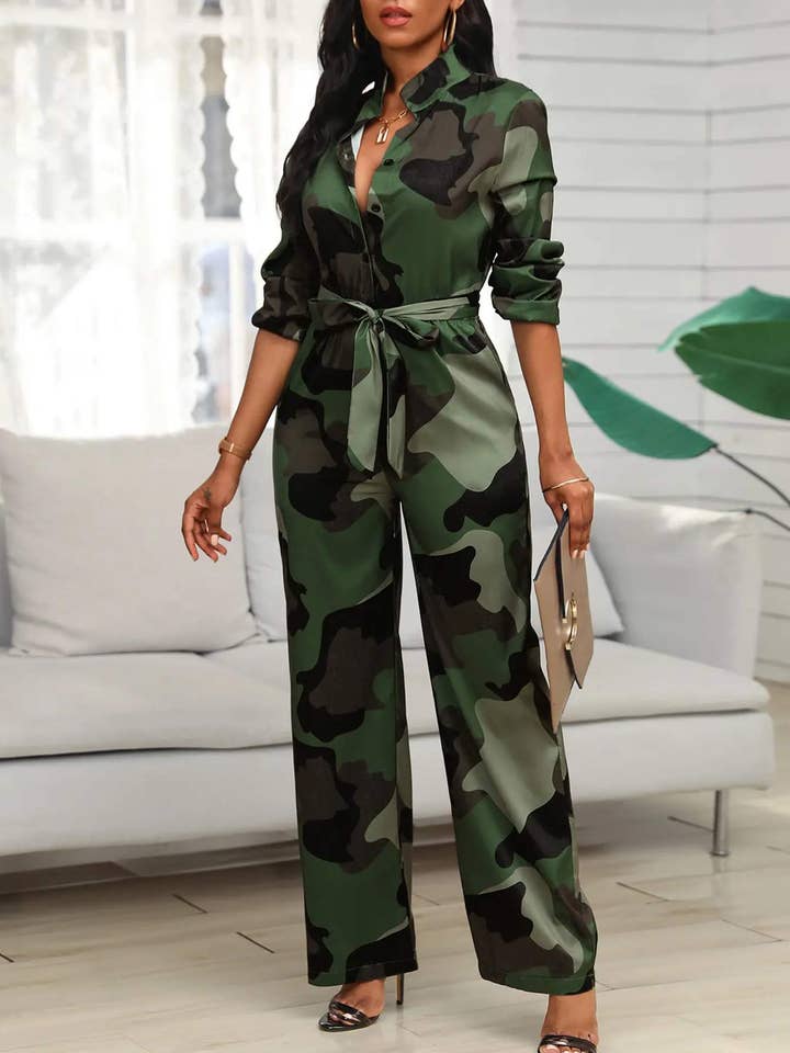ARMY GREEN v neck camouflage print buttoned jumpsuit for wholesale on Faire0