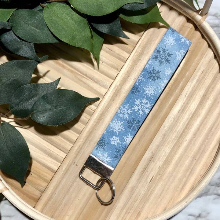 Blue Glitter Snowflake Print Tecido Wristlet Keychain, chaveiro por atacado de MDStickerShop
