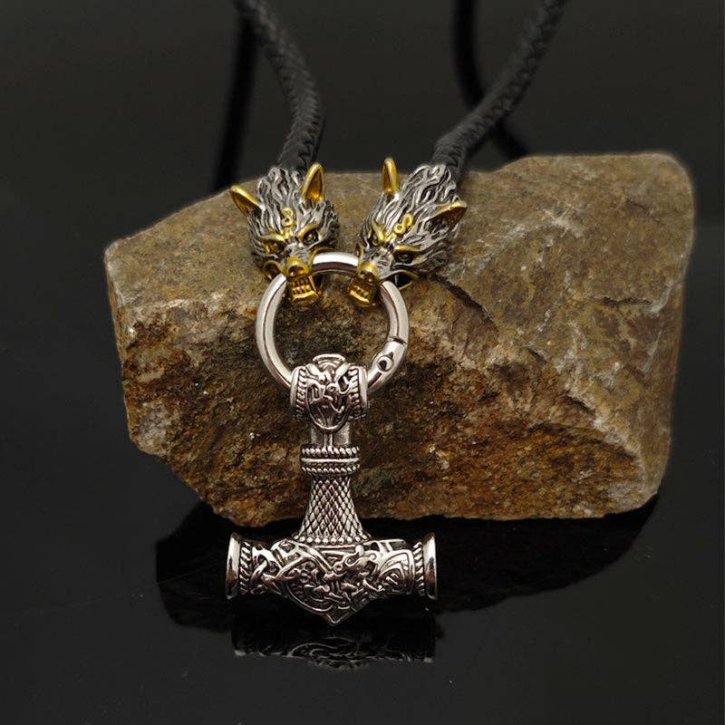 SALINA TRADING INC - Wholesale Pendant/Charm Necklace - Celtic Wolf Head Leather Necklace with Hammer Pendant7
