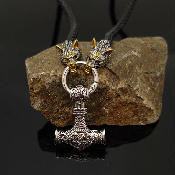 SALINA TRADING INC - Wholesale Pendant/Charm Necklace - Celtic Wolf Head Leather Necklace with Hammer Pendant7