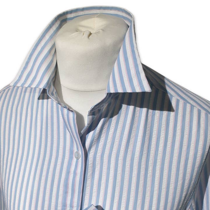 Camisa de Seersucker às Riscas Azuis e Rosa de Manga Comprida Grenouille por atacado de Salamander Shirts Ltd