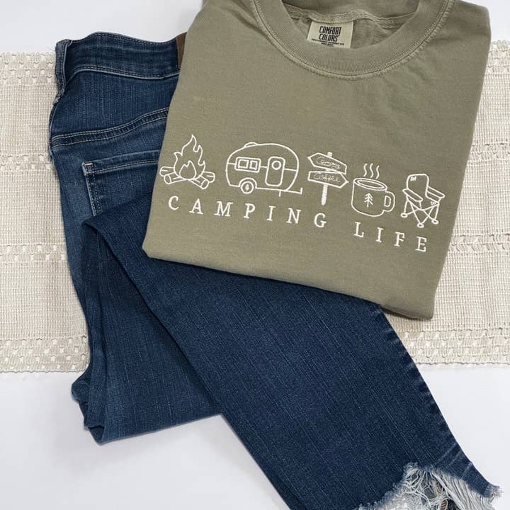 Embroidered Camping Life Tee or Crewneck for wholesale by Littles and Threads Clothing Company