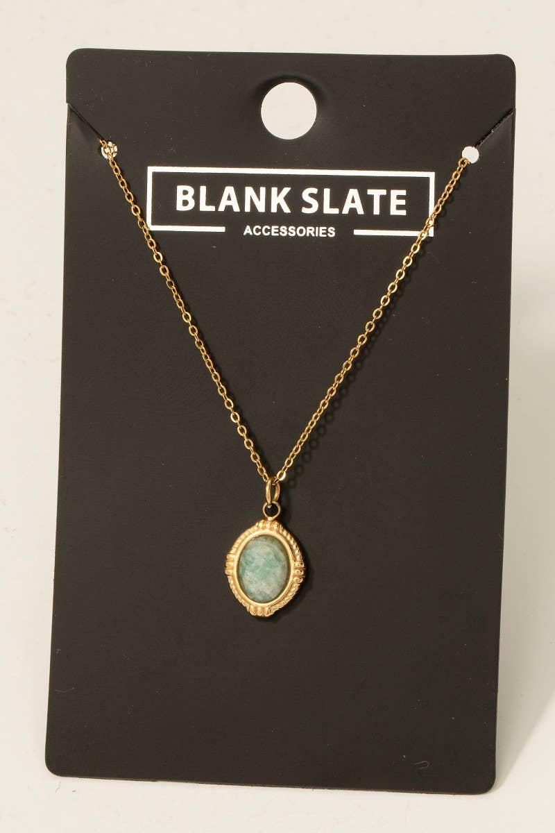 Fame Accessories - Wholesale Pendant/Charm Necklace - Stainless Steel Vintage Oval Stone Pendant Necklace