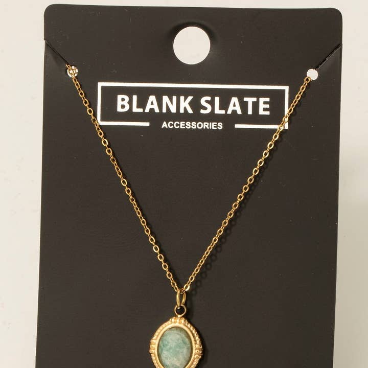 Fame Accessories - Wholesale Pendant/Charm Necklace - Stainless Steel Vintage Oval Stone Pendant Necklace0