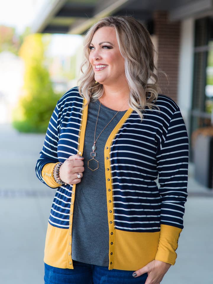 Vivette Apparel - Wholesale Cardigan - Women's - Snap Cardigan - Navy / Mustard Stripe2